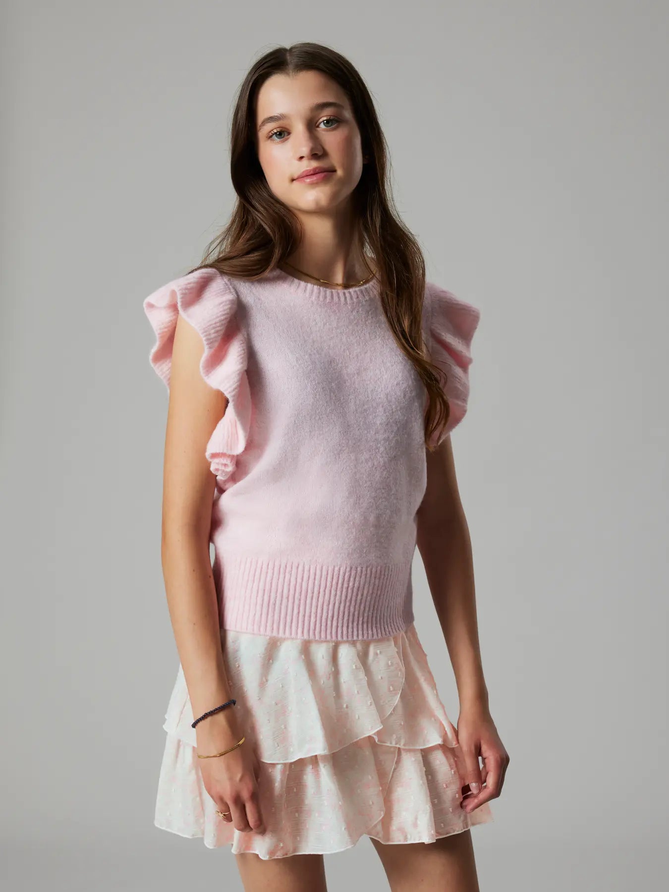 Volangkjol Bibby, rosa/vit