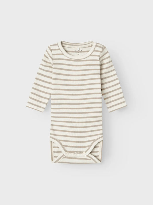 Ribbad randig body, vit/beige