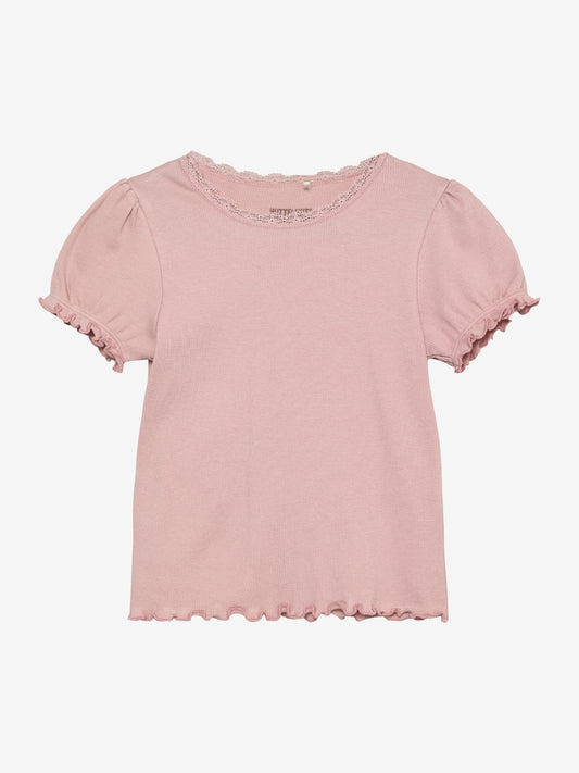 Tröja med puffärm och spets, ljusrosa