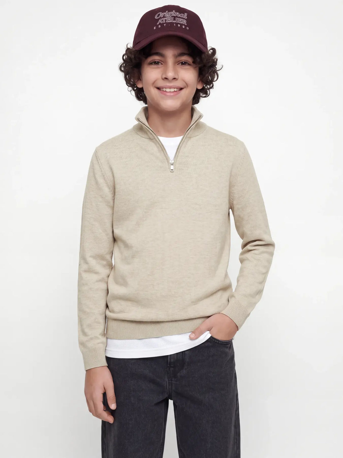 Stickad half zip JJEEMIL, oatmeal