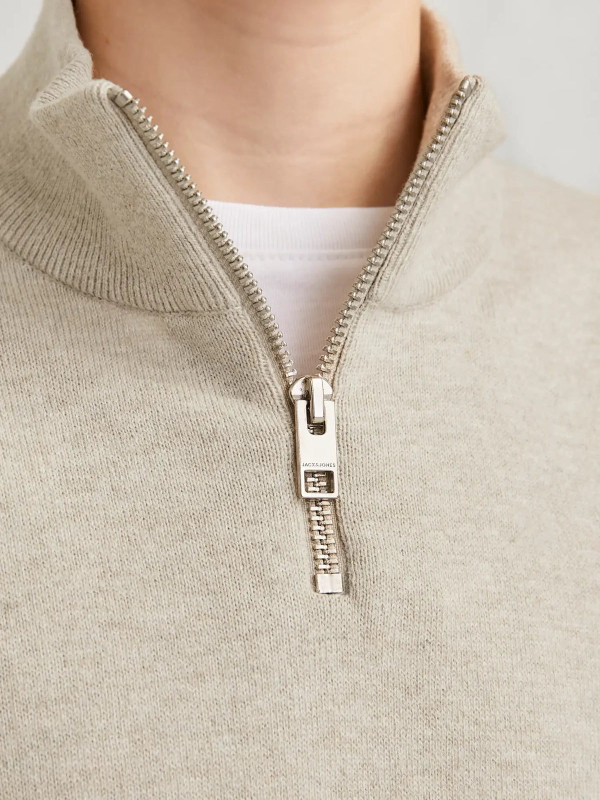 Stickad half zip JJEEMIL, oatmeal