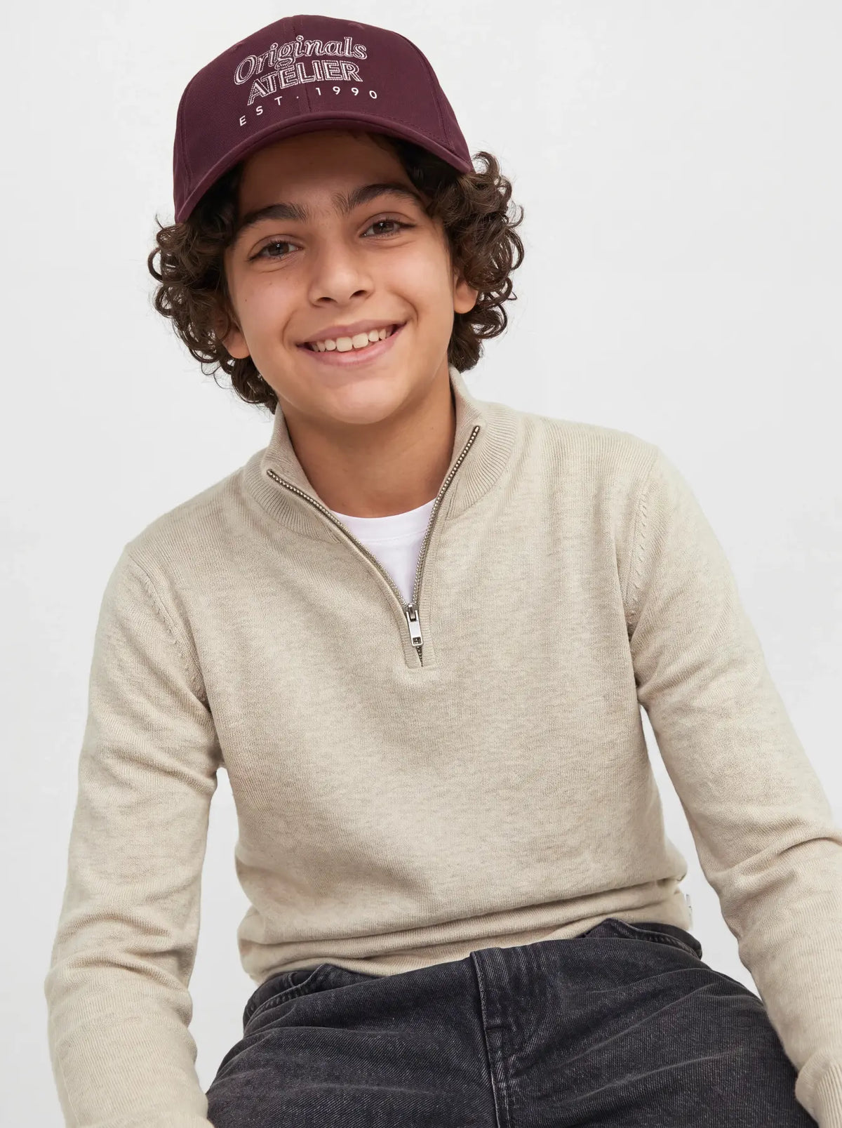 Stickad half zip JJEEMIL, oatmeal
